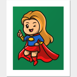 Cute Super Hero Girl Cartoon Illustration Posters and Art